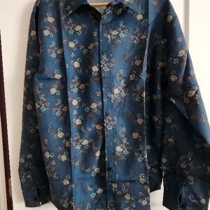 Mens Floral Button-Up Shirt - Blue